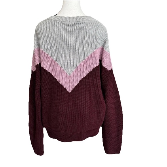 1. STATE Chucky Sweater Colorblock Chevron Knit Crewneck SZ M Burgundy Pink Gray - Picture 3 of 7